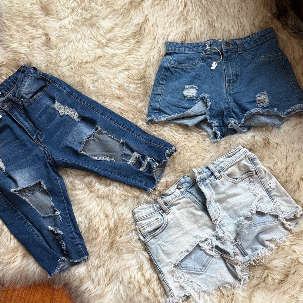Jean Shorts Bundle! Women's Distressed Denim Shorts - Dark Blue, Light Blue Sm